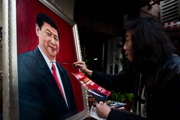 画家路边创作习近平肖像